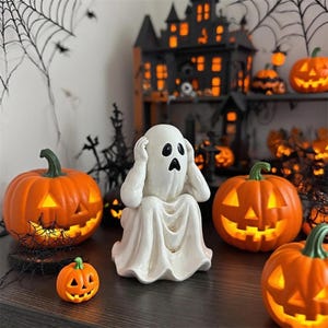 Spooky Halloween Resin Figurine Mini Witch Black Cat Haunted House