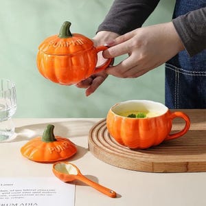 Pumpkin Ceramic Mug with Spoon: Halloween Coffee Cup