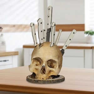 Gothic Skull Knife Holder: Resin Skeleton Stand, Horror Kitchen Decor