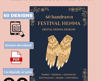 60 diseños de henna para festivales dibujados a mano / hojas de práctica (descarga digital)