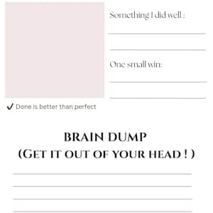 Pode incluir: Um planejador diário branco com seções para tarefas, reflexão e um brain dump. A parte superior da página diz "DAILY PLANNER" em uma fonte rosa escuro. O planejador inclui o texto "Done is better than perfect".