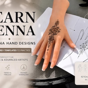 May include: A digital guide titled LEARN HENNA 61 HENNA HAND DESIGNS featuring a mannequin hand with a black floral henna tattoo on the middle finger and a white paper sheet displaying 61 grey templates to practice for henna art application.