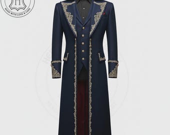Gothic Victorian Tailcoat für Herren - Blauer, bestickter Steampunk-Mantel aus Baumwolle mit silbernen Details | Cosplay, Vampir, Hochzeitsjacke
