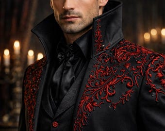 Mens Gothic Vampire Royal Tailcoat, Black Red Embroidered Victorian Coat, Luxury Wedding Outfit, Aristocrat Gothic Formal Long Coat