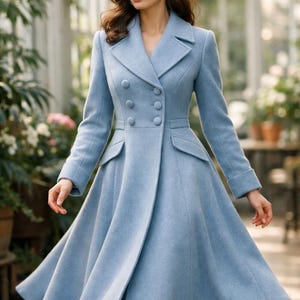 Damen Gehrock, Swing Wolle Langer Mantel, Wintermantel Frauen, Warmer Wollmantel Frauen, Fit und Flare Mantel, zweireihiger Hochzeit Wollmantel