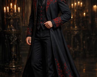 Mens Gothic Vampire Royal Tailcoat, Black Red Embroidered Victorian Coat, Luxury Wedding Outfit, Aristocrat Gothic Formal Long Coat