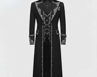 Black Gothic Victorian Coat | Steampunk Tailcoat Jacket | Vampire Costume Trench|  Embroidered Renaissance Outfit | Gothic Wedding Cosplay