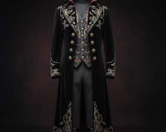 Men's Velvet Gothic Overcoat, Long Gold Embroidered Winter Coat, Military Uniform Cosplay Jacket,  Winter Oversized Outfit, Steampunk Coat