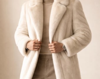 Men's Vintage Fur Coat, Warm Winter Fur Coat, Warm handmade fur Long Jacket, Mink Faux Fur Coat,  vintage fur coat, Long statement overcoat