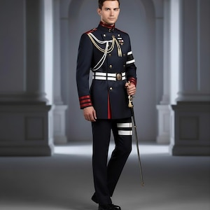 May include: A navy blue military uniform with gold buttons, white accents, and red stripes. The uniform includes a jacket, pants, and a sword. The person is wearing black shoes. The background features architectural columns.