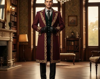 Roter Gothic Vampir Mantel, Gold Bestickte Warme Jacke | Langer Baumwoll-Trenchcoat für formelle Anlässe, Mantel im viktorianischen Stil für Maskerade-Party