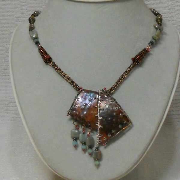 E528 OOAK Mixed Metals Pendant Wire Wrapped, Annealed and Forged Copper, Beaded Necklace, Viking Knit Chain