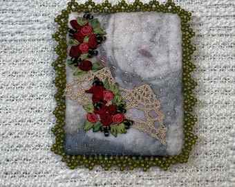 E1317 Photo Transfer Cotton Brooch - Hand Dyed Silk Ribbon Embroidery