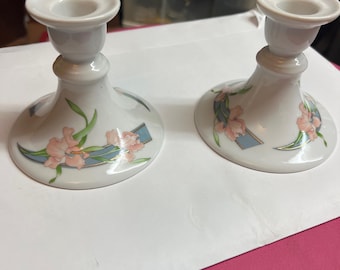 Vintage House of Prill Porcelain Candlesticks: Pink Iris Floral Blue Ribbon Gold Accents
