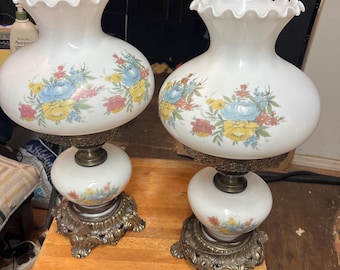 Vintage Floral Milk Glass Hurricane Lamps, Set of 2, Brass Base Table Lamps