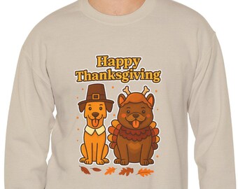 Happy Thanksgiving Dogs Crewneck Sweatshirt | Pilgrim Pooch & Turkey Pup Design
