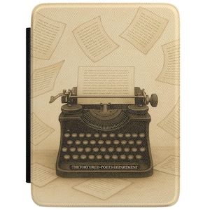 May include: A beige tablet case featuring a vintage typewriter illustration with the text "THE TORTURED POETS DEPARTMENT." The design includes scattered paper sheets, creating a literary theme. The typewriter is black and detailed.