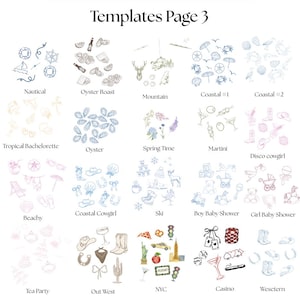 May include: A white page with the text "Templates Page 3" at the top. The page features various themed illustrations, including nautical, oyster roast, mountain, coastal, tropical, oyster, spring time, martini, disco cowgirl, beachy, coastal cowgirl, ski, baby shower, tea party, out west, NYC, casino, and western.