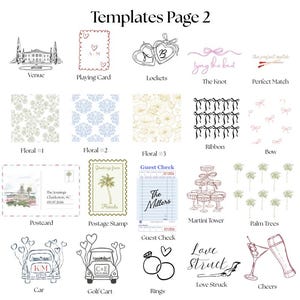 May include: A page of wedding-themed templates with various illustrations. Designs include a venue sketch, playing card, lockets, floral patterns, postcard, postage stamp, guest check, martini tower, palm trees, car, golf cart, rings, and cheers.