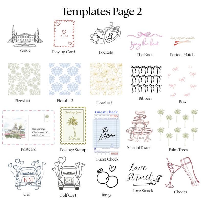 May include: A page of wedding-themed templates with various illustrations. Designs include a venue sketch, playing card, lockets, floral patterns, postcard, postage stamp, guest check, martini tower, palm trees, car, golf cart, rings, and cheers.