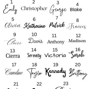 May include: A white background displays a selection of 23 names in various cursive fonts, numbered 1-23. The text "Choose 1-2 Fonts!" is at the top. Names include Emily, Christopher, George, Blake, Olivia, Katherine, Patrick, Frances, Claire, Davis, Anthony, Madison, Cierra, Serenity, Victoria, Sarah, Caroline, Taylor, Kennedy, Brittany, Jackson, Carey, and Peyton.