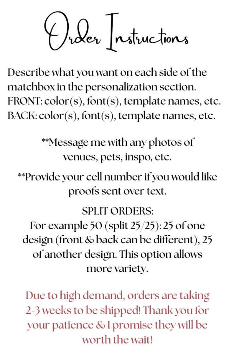 May include: White background with black text providing order instructions. The text includes details on personalization, split orders, and estimated shipping times. The title reads "Order Instructions."