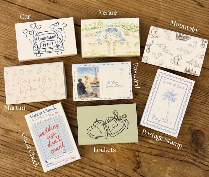 May include: A collection of decorative cards with various designs. Includes a car with hearts, a venue illustration, a mountain scene, a martini bar, a guest check with text, a postcard, a pair of lockets, and a postage stamp.