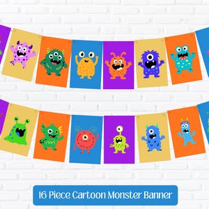 May include: A colorful banner featuring sixteen cartoon monster designs. Each monster is unique, with different colors, shapes, and expressions. The banner is strung across a white brick wall. The text "16 Piece Cartoon Monster Banner" is at the bottom.