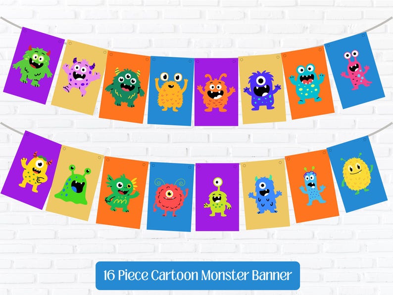 May include: A colorful banner featuring sixteen cartoon monster designs. Each monster is unique, with different colors, shapes, and expressions. The banner is strung across a white brick wall. The text "16 Piece Cartoon Monster Banner" is at the bottom.