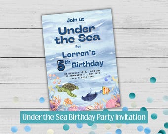 Faire-part d'anniversaire sous la mer personnalisé, fête de l'océan (fichier numérique)