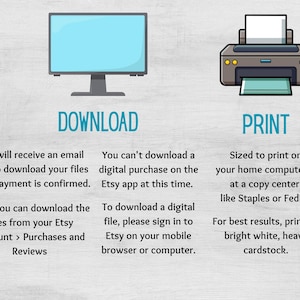 May include: An illustration with the words "DOWNLOAD" and "PRINT" above images of a computer monitor and a printer. Text explains how to download and print digital files purchased on Etsy.