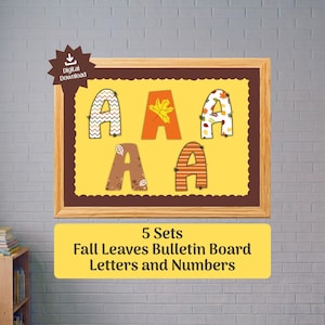 May include: A digital download featuring 5 sets of fall leaves bulletin board letters and numbers. The display shows five variations of the letter A in orange, brown, and white with chevron, striped, and leaf patterns on a yellow background.