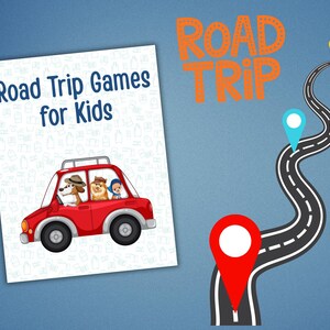 Op de afbeelding: Illustratie met de tekst "Road Trip Games for Kids" en een rode auto met cartoon dieren. Een kronkelende weg met locatie markers en het woord "ROAD TRIP" in oranje.