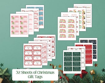 Puede incluir: Un conjunto de etiquetas de regalo navideñas con varios diseños. Las etiquetas presentan elementos festivos como muérdago, lazos, árboles de Navidad y la frase "Merry Christmas". La imagen incluye 32 hojas de etiquetas de regalo en rosa, rojo, verde y azul.