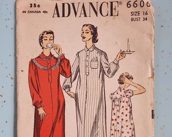 Advance 6606 Size 16 Bust 34 Nightgown 1950s Sewing Pattern