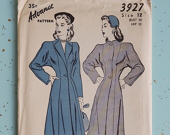 Advance 3927 Size 12 Bust 30 1940s Coat Sewing Pattern