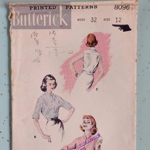 Butterick 8096 Size 12 Bust 32 Blouse Top 1950s Sewing Pattern