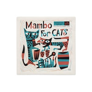 May include: A vintage record album cover featuring a colorful illustration of three cats playing musical instruments. The album title is "Mambo For Cats" and the record label is RCA Victor. The album number is LPM-1063.