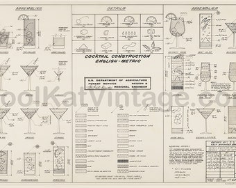 Impresión de gráfico de construcción de cócteles / Decoración de bar moderna de mediados de siglo / retro