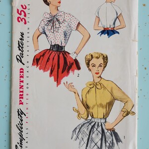 Simplicity 3940 Size 12 Bust 30 Misses Blouses 1950s Sewing Pattern