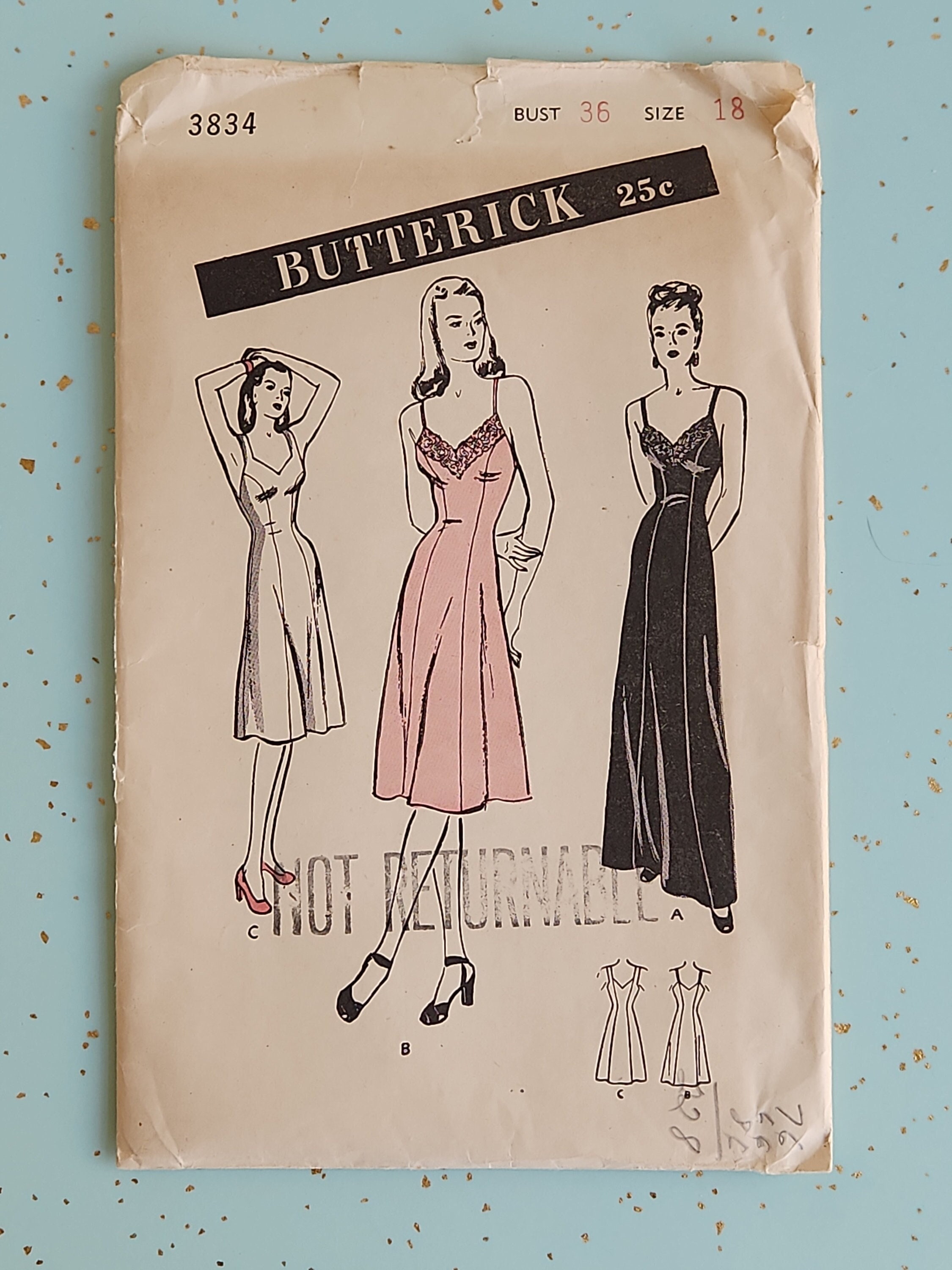 Butterick 3834 Size 18 Bust 36 1946 Dress Slip Sewing Pattern