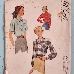 May include: Vintage McCall's sewing pattern for a women's shirt blouse. The pattern is for size 10, bust 28 1/2 inches, and is for a misses' shirt blouse. The pattern shows three different styles of the shirt blouse, one with a solid light blue color, one with a red and white polka dot pattern, and one with a black and white checkered pattern.