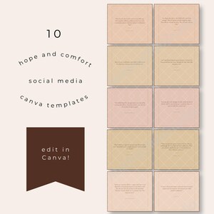 May include: A set of ten social media Canva templates with inspirational quotes. The templates are in shades of beige and pink with a geometric pattern. Text on the image reads "hope and comfort" and "edit in Canva!"
