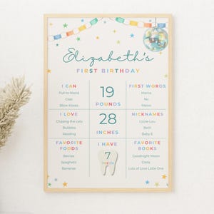 Fun to Be ONE Milestone Poster, First Birthday Milestone Sign, Disco First Birthday Poster, Editable One Year Old Stats image 1
