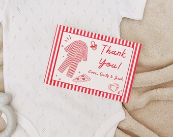 Plantilla de tarjeta de agradecimiento para baby shower con pijamas de Pizza Pacis, tarjeta de agradecimiento para baby shower con pijamas, tarjeta de agradecimiento para baby shower con pijamas