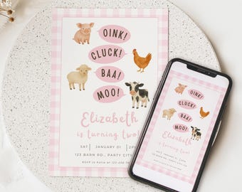 Pink Farm Animal Second Birthday Invitation, Editable Canva Template, Girl Farm Party Invite, Oink Cluck Baa Moo, Pink Gingham Birthday