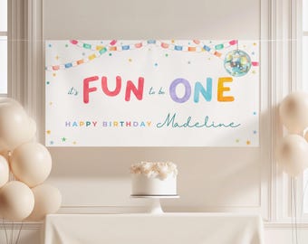 Banner de primer cumpleaños "Fun to Be ONE", banner de cumpleaños con bola de discoteca, banner de cadena de papel arcoíris, fondo de cumpleaños con nombre editable