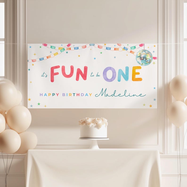 Fun to Be ONE Milestone Poster, First Birthday Milestone Sign, Disco First Birthday Poster, Editable One Year Old Stats image 7