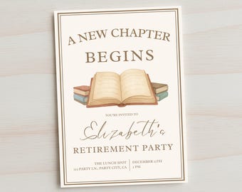 Invitación de jubilación: Comienza una nueva etapa, Invitación para fiesta de jubilación con temática de libros, Plantilla editable, Invitación imprimible con acuarela de libros