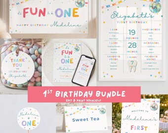 Paquete de decoración de cumpleaños Fun to Be ONE, set de fiesta de primer cumpleaños disco, imprimibles editables para fiesta de primer año, paquete de plantillas Canva